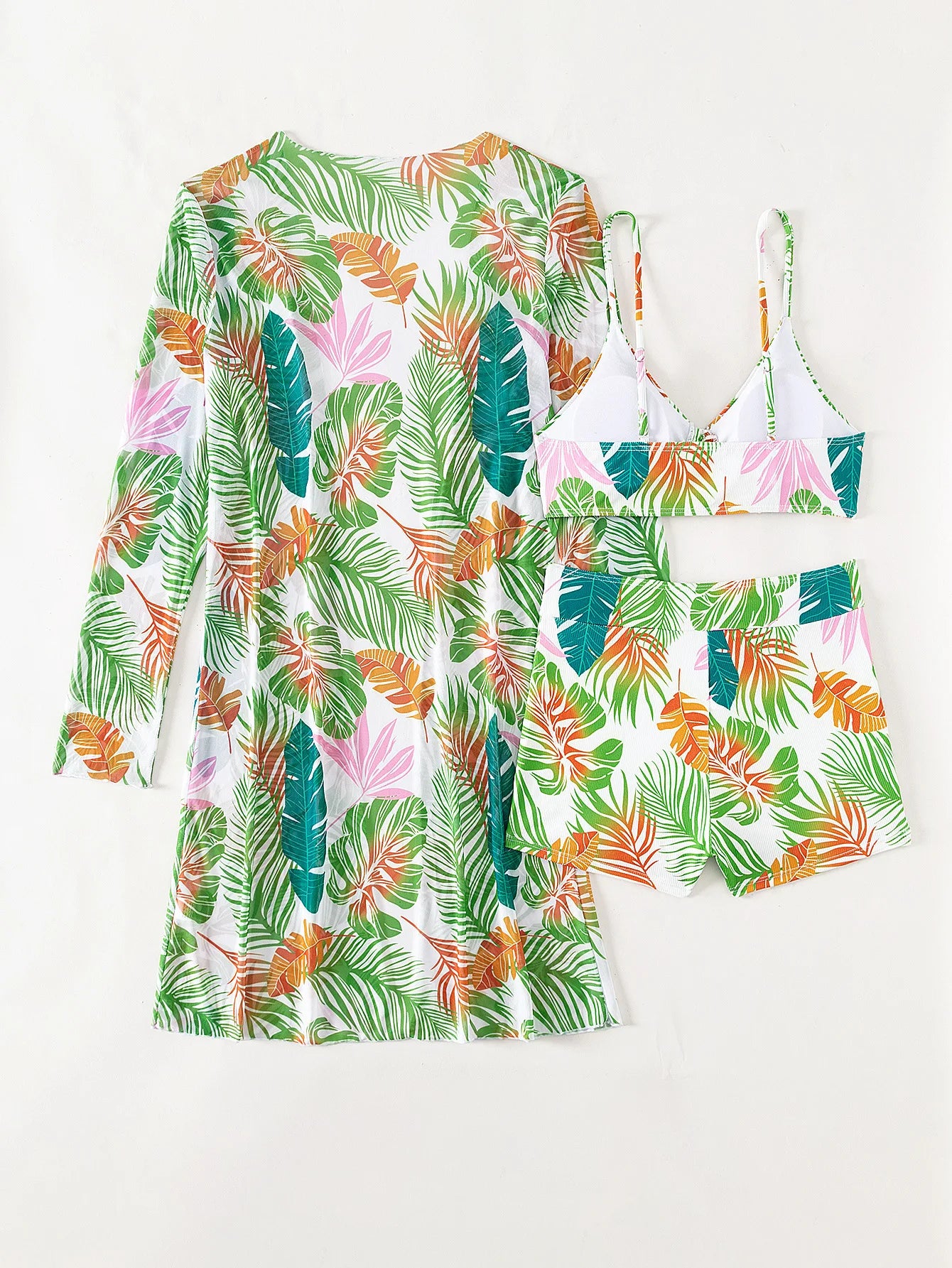 2025 New Women 3 Pieces Swimsuit Leaf Pattern Bikini Set+Long Sleeve Cover Up Tankini Beachwear Drawstring Swimwear Bathing Suit