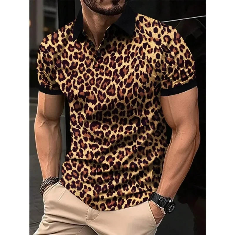 3 Colors!Men's Leopard Print Breathable Short-sleeved Shirt Fashion Lapel T-shirt Thin Casual Top Shirts for Men