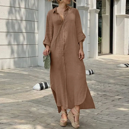 Women's 1XL-5XL plus size Dress summer wearing the Shirt Collar Cotton Line Button Long Skirt dress for women