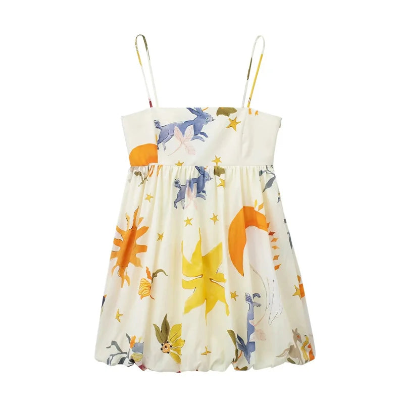 TRAF Print Slip Mini Dress Women Sleeveless Summer Dress Woman 2024 Ruched Sundress Vestidos Backless Short Dresses for Women