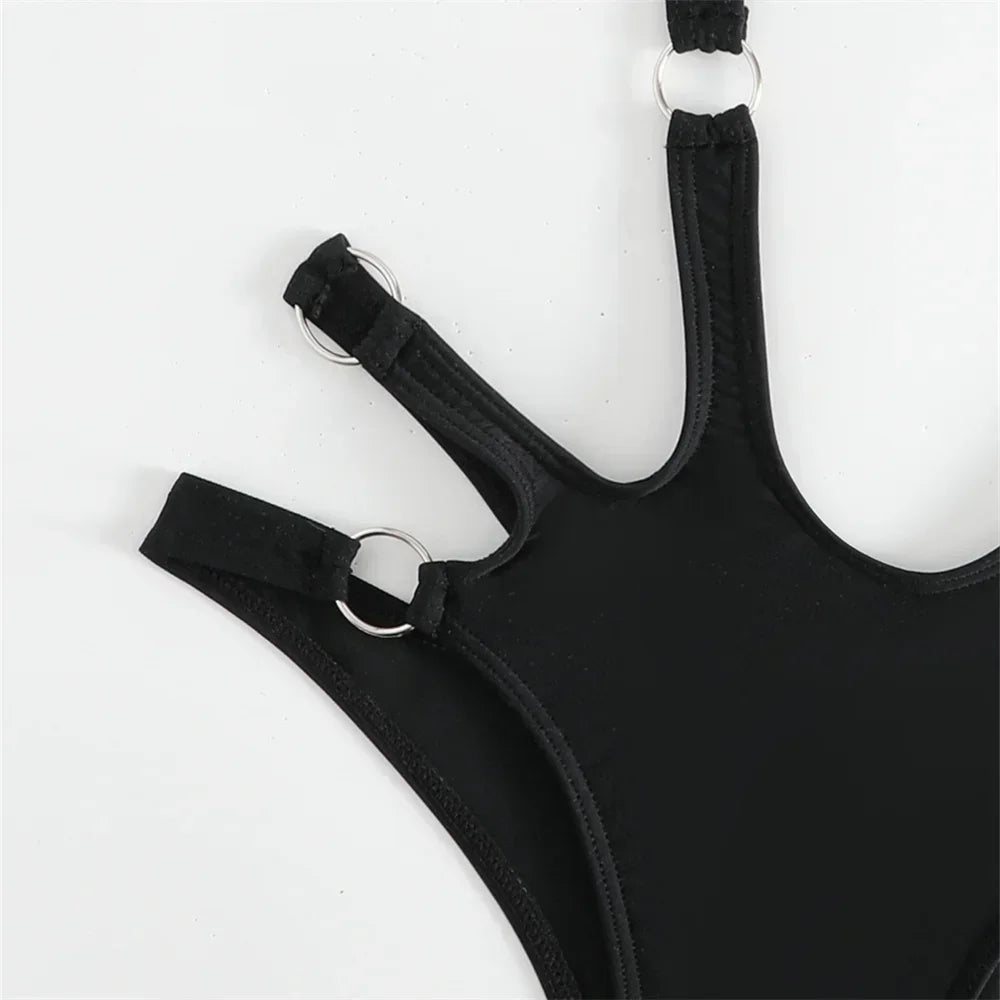Black Punk Bikini Rings Sexy Bandage Luxury Swimsuit Cut Out Micro Bikinis Extrem Push Up Monokini Women Goth Swimwear Beach Set