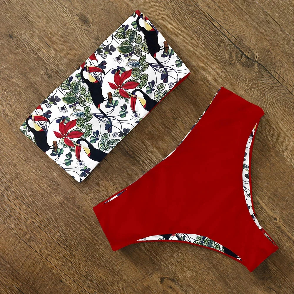 2024 New Sexy Low Hight Bikini Set Swimwear Women Bandeau Female Print Floral Strappy Swimsuit Bathing Suit Beach Wear Biquini