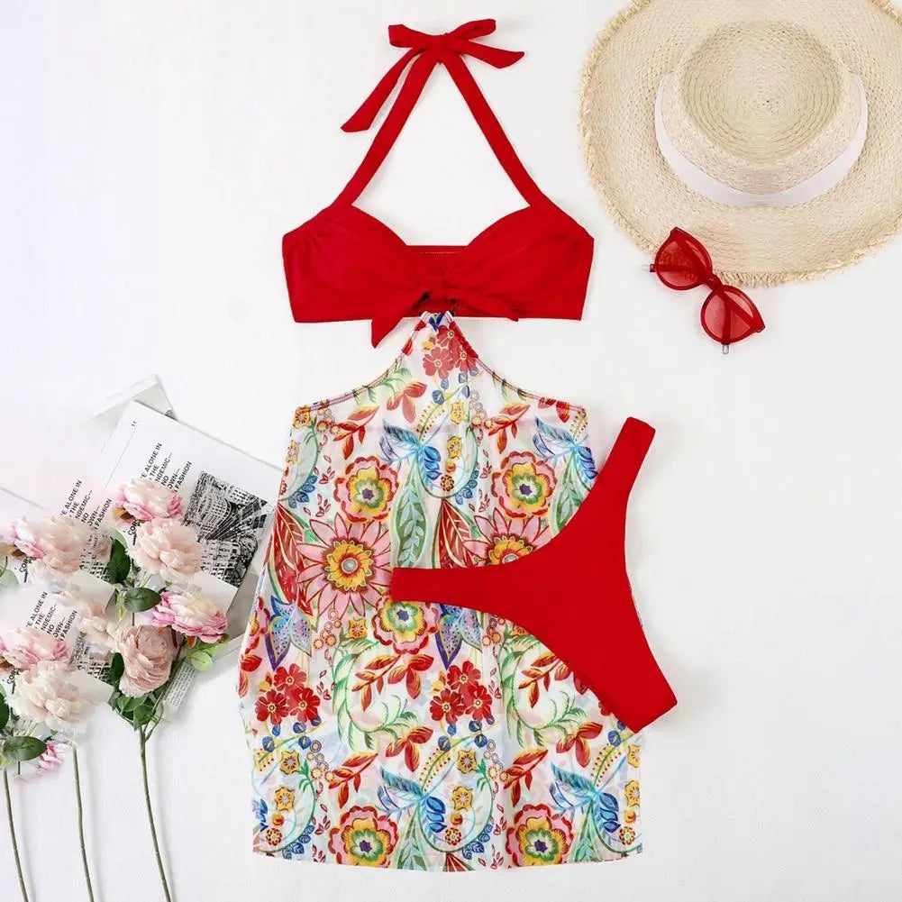 3Pcs/Set Women Swimwear Halter With Skirt Push Up Swim Pool Matching Sexy High Waist Thong Bikinis Set Water Sports Accessory
