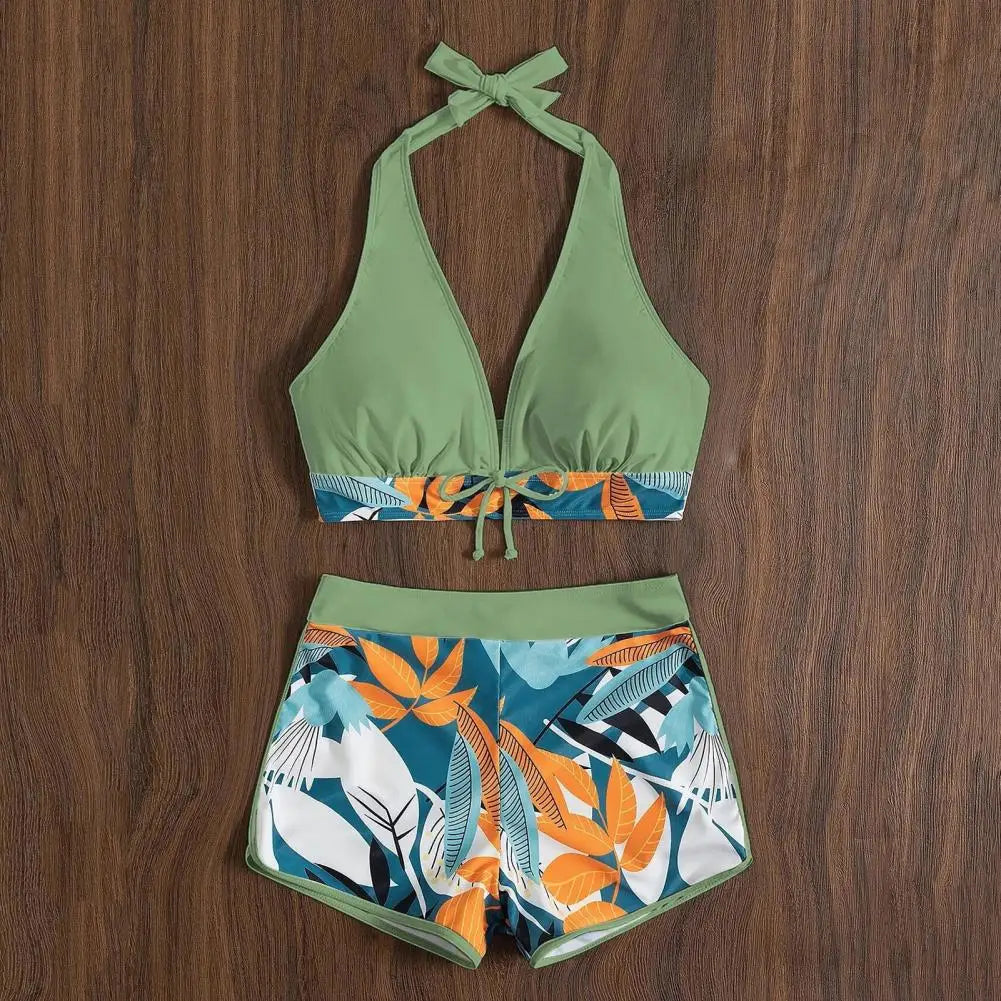 2Pcs/Set Bikinis Set Bowknot Decor Floral Print Bikini Backless Halter Bra High Waist Beachwear Female Beach Clothing