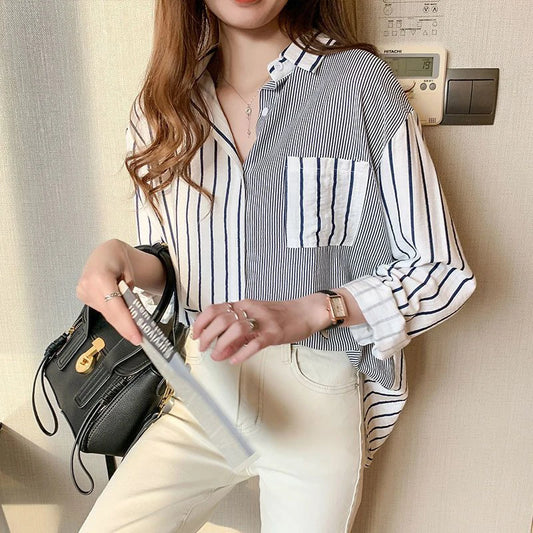 2025 Korean Summer Thin Trendy Striped Women's Shirt & Blouses Patchwork Pocket Loose Casual Office Lady Shirt Sweet Women's Top