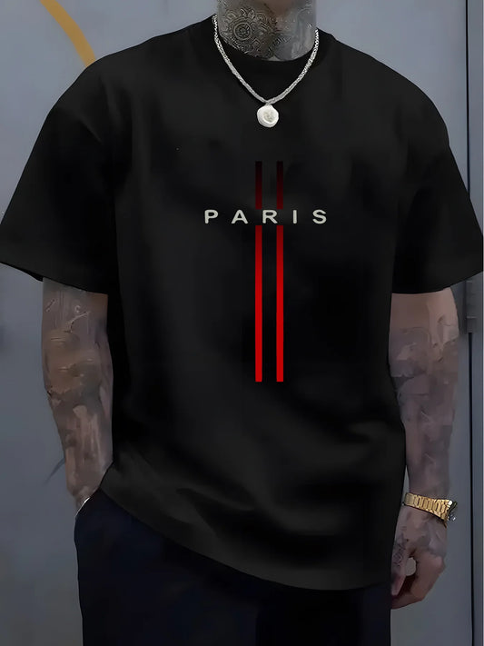 Summer men's 100% pure cotton casual loose fit plus size PARIS letter pattern printed round neck short sleeved T-shirt top