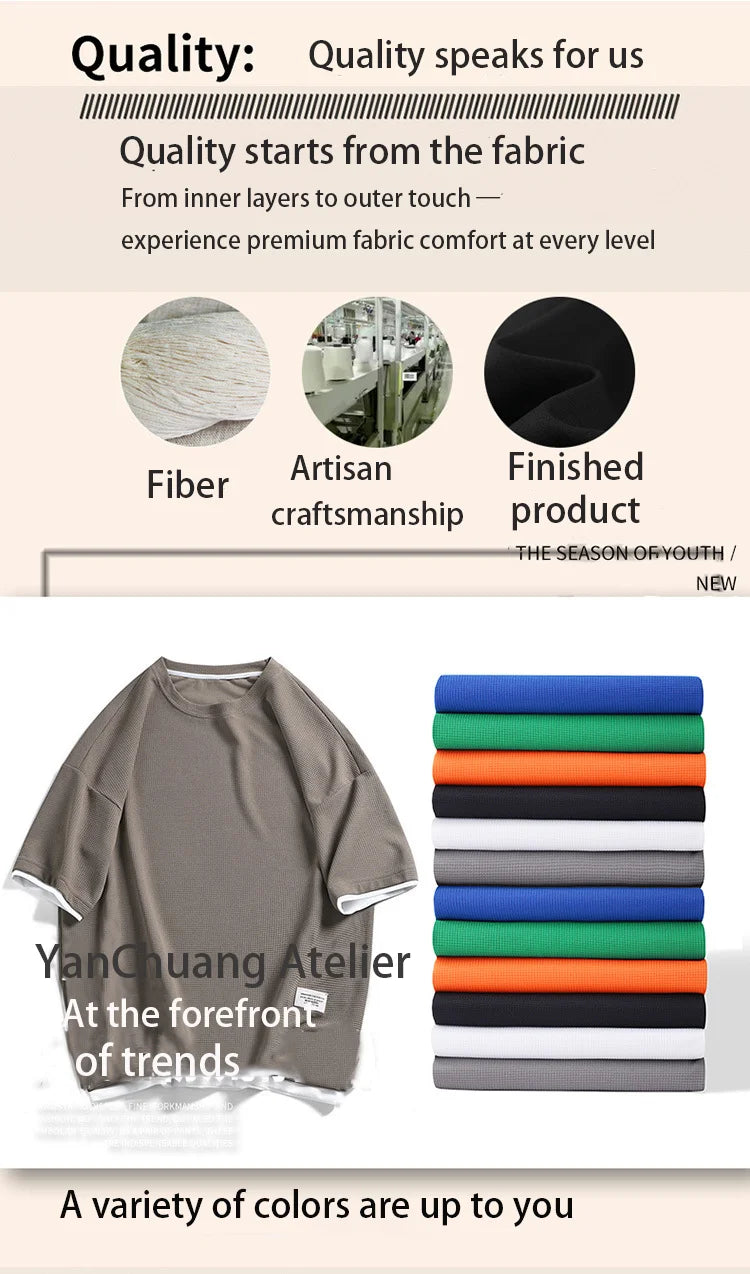1pcs Men Summer T-Shirt Man Short Sleeved Waffle Solid T-Shirt Male Solid Color Casual Tee Round Men's Round Neck Fashion Top