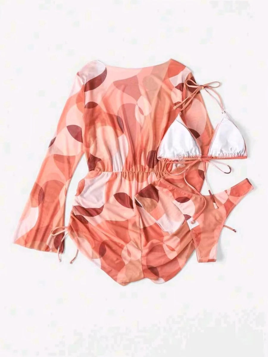 3 Pieces Triangle Halter String Bikini Long Sleeve Swimsuit Women Swimwear Female Bathers Bathing Swimming Swim Suit