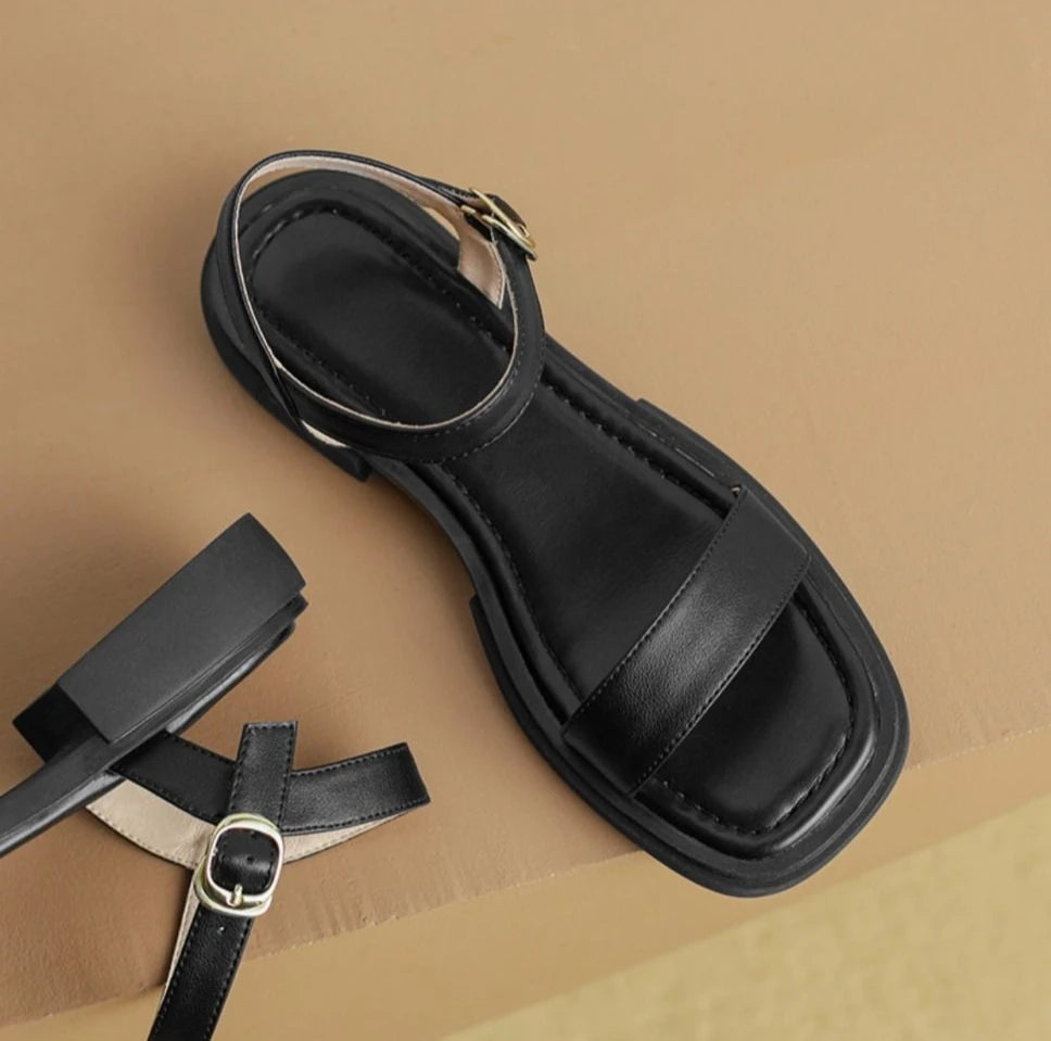 2025 Summer Women Sandals Low Heels Basic Genuine Leather Office Plus Size 35-42 Ladies Casual Outdoor Concise Woman Shoes