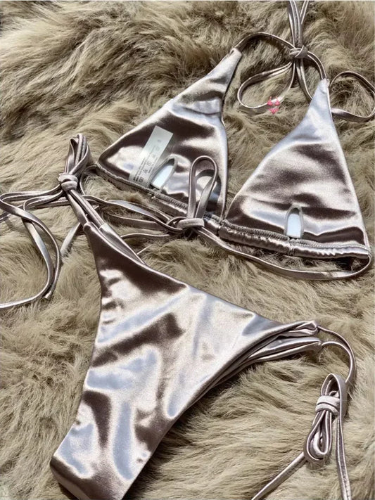 Wrap Around Halter Metallic Satin Bikini Women Swimwear Female Swimsuit Two-pieces Bikini Set Brazilian Bathing Suit Swim Lady