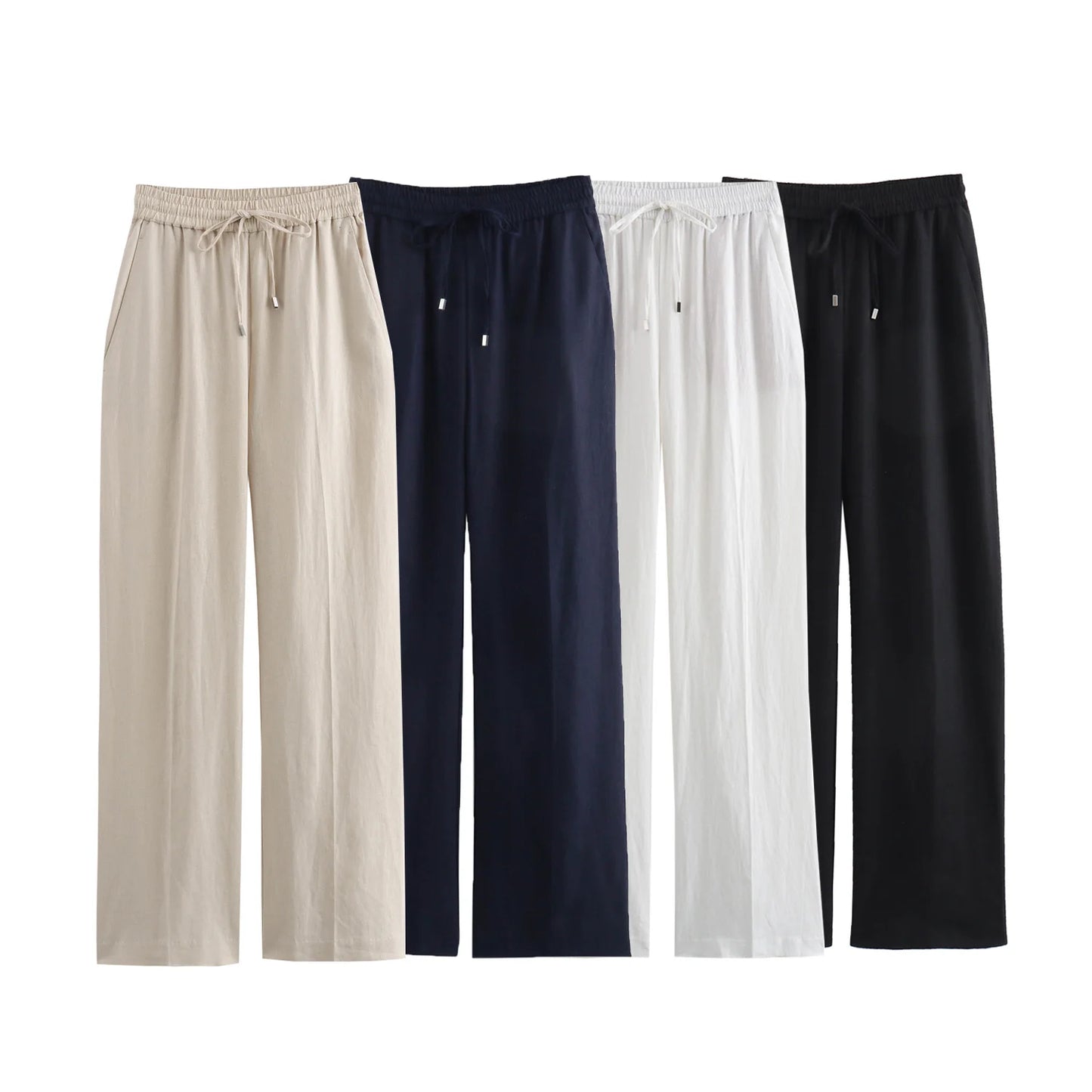 TRAF Women Fashion Spring Summer Lace-up Linen Blended Straight Pants Pocket Office Lady Chic High Waist Trousers Mujer