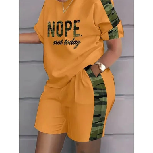 Women's Plus Size Suit Short-sleeved T-shirt Shorts Letter Print Contrast Color Two-piece Outdoor Leisure Sports Training Suit