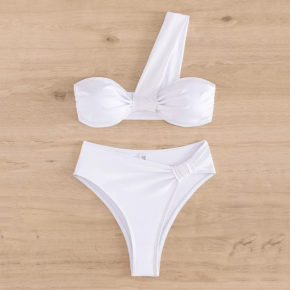 Brown One Shoulder Bikini High Waist Sexy Swimsuit Women 2025 Solid Swimwears Bathing Suit Bandeau Bikinis Sets De Mujer Biquini