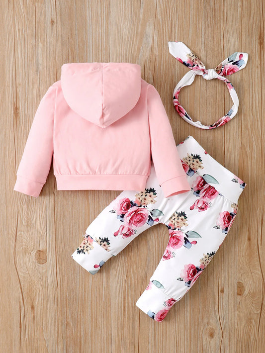 0-18 Months Newborn Baby Girl Floral Clothes Set Hooded Printed Top+Pant+Headband 3PCS Autumn&Winter Toddler Girl Fashion Outfit