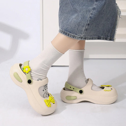 Women Mary Jane Sandals Platform Cute Bow Knot Girl Clogs Arch Support Garden Shoes Slip-on Outdoor Beach Shoes Height Increase
