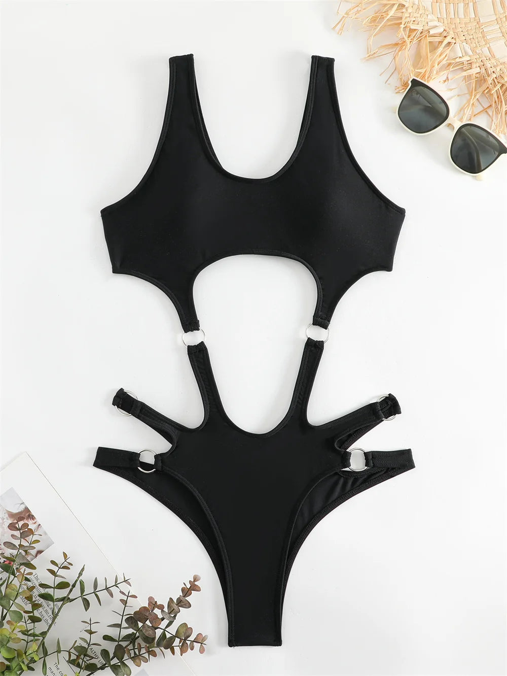 Black Punk Bikini Rings Sexy Bandage Luxury Swimsuit Cut Out Micro Bikinis Extrem Push Up Monokini Women Goth Swimwear Beach Set