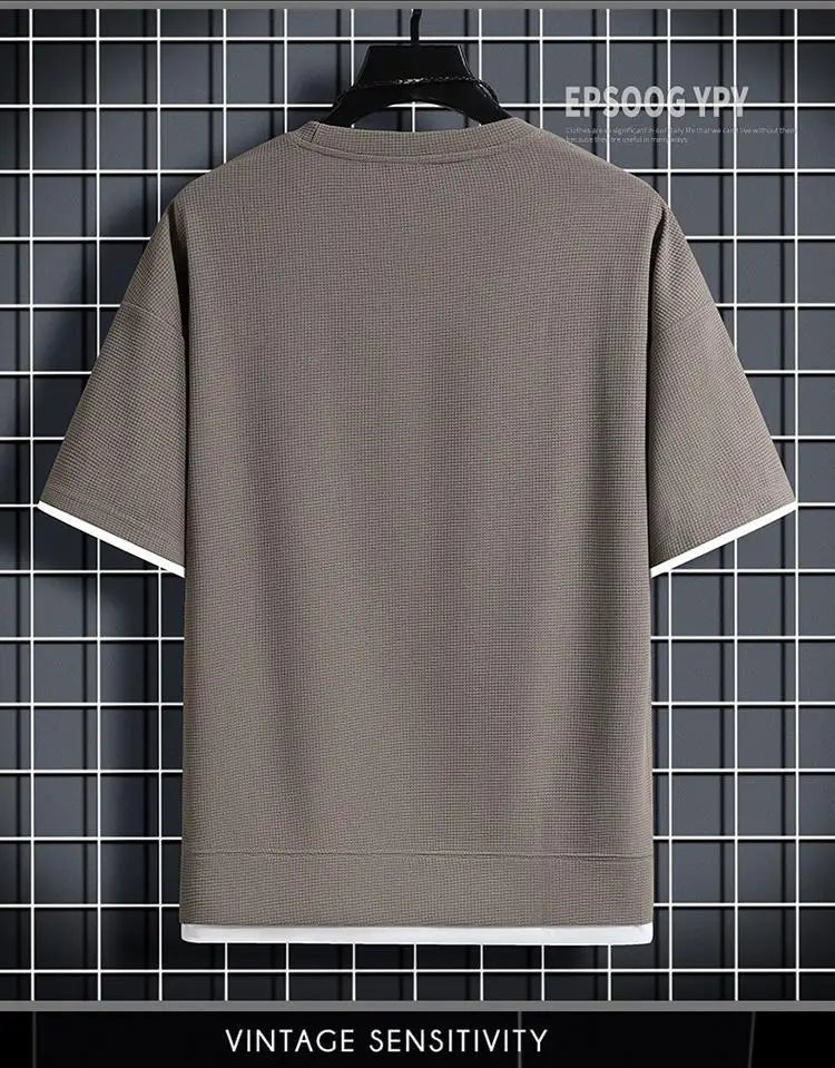 1pcs Men Summer T-Shirt Man Short Sleeved Waffle Solid T-Shirt Male Solid Color Casual Tee Round Men's Round Neck Fashion Top