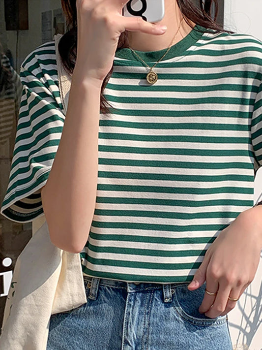 Women Stripes Vintage Tshirt Tops O Neck Short Sleeve Pullover T-shirt 2024 Summer New Korea Cotton Shirt Green Black Y2K