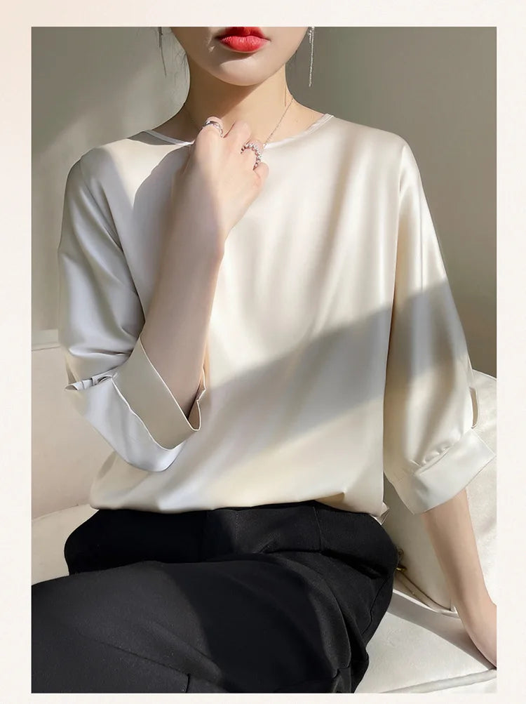 2025 New In Summer Satin Silk Half-Sleeve Tee Tops Basic Solid Women‘s T-Shirt Casual O-neck Thin Shirts Ladies Loose Blouses