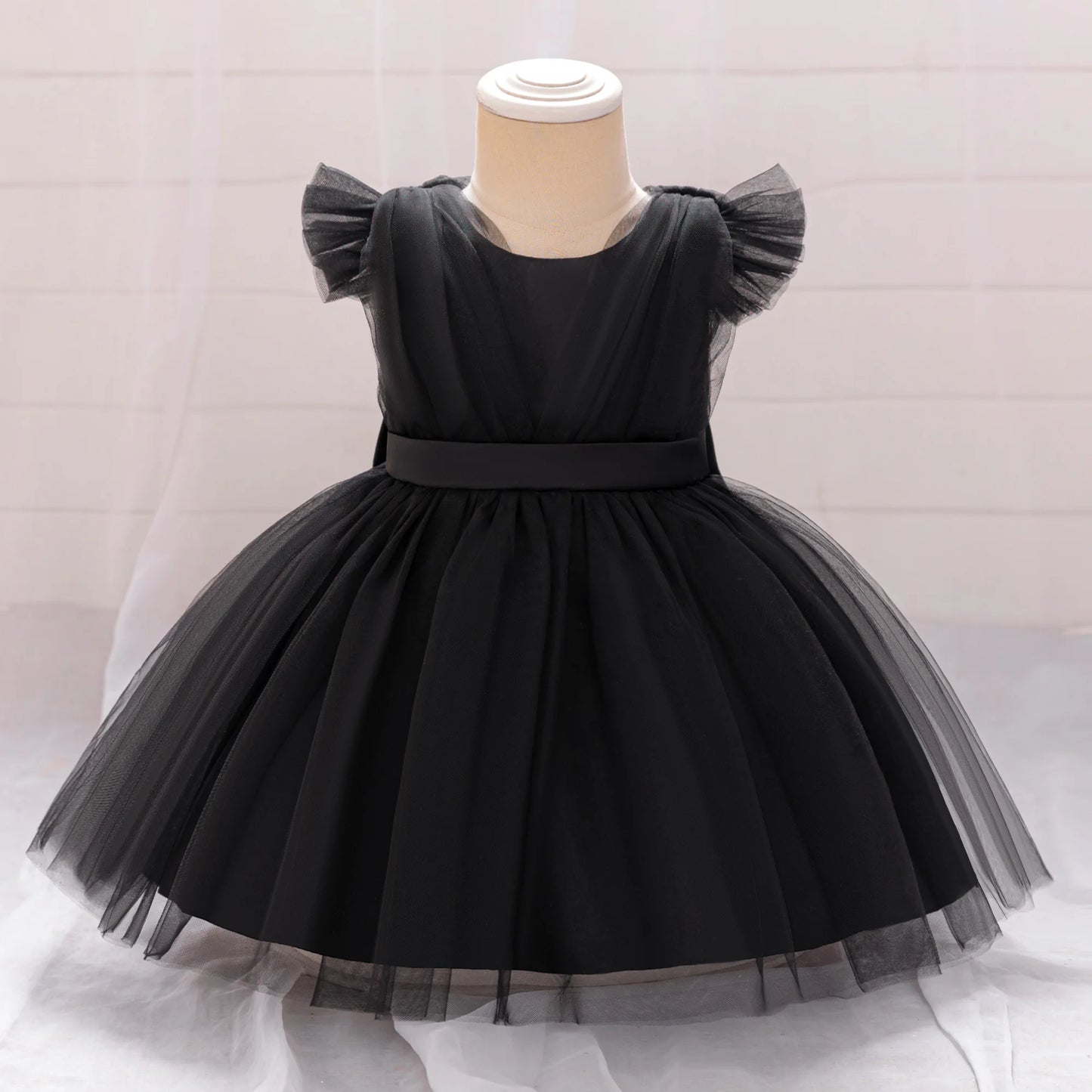 Toddler Bow White Baptism Party Baby Girl Dress Fly Sleeves 1st Birthday Wedding Princess Dresses Tutu Lace Evening Kids Clothes