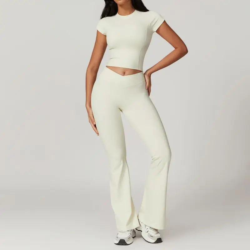 Two Piece Short Sleeve Sport Yoga Set Outfit Fitness Gym Set Workout Clothes for Women Flare Leggings Sportwear Women Tracksuit