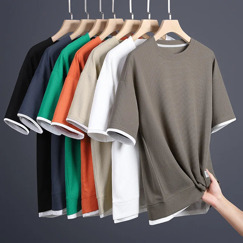 1pcs Men Summer T-Shirt Man Short Sleeved Waffle Solid T-Shirt Male Solid Color Casual Tee Round Men's Round Neck Fashion Top