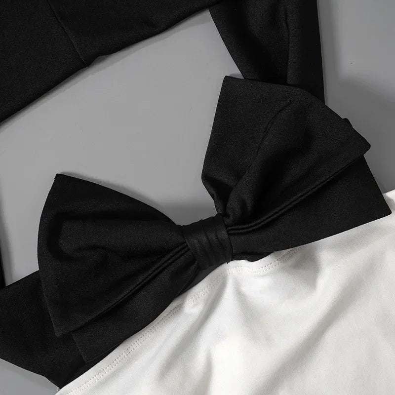 Bow Splice Mini Dress For Women Slim High Waist Sexy Off Shoulders Dresses Femme Party Retro Wedding Elegant Dress Woman
