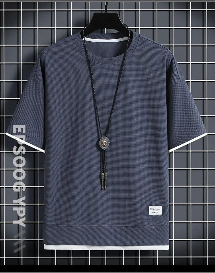 1pcs Men Summer T-Shirt Man Short Sleeved Waffle Solid T-Shirt Male Solid Color Casual Tee Round Men's Round Neck Fashion Top