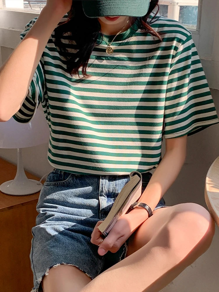 Women Stripes Vintage Tshirt Tops O Neck Short Sleeve Pullover T-shirt 2024 Summer New Korea Cotton Shirt Green Black Y2K