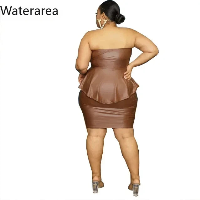 Waterarea Plus Size Elegant Faux Leather Bodycon Midi Skirt Suit Women Strapless Zipper Fly Ruffles Top Two 2 Piece Set Outfits