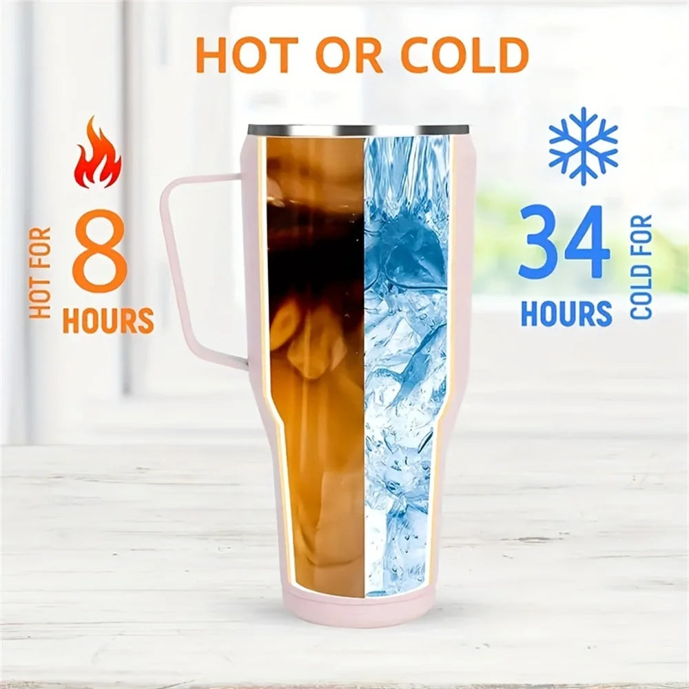 40oz 304 Stainless Steel Insulated Water Bottle,Thermal Coffee Car Cup, Cold Hot Mugs Vacuum Flask With Handle Straw,For Sport
