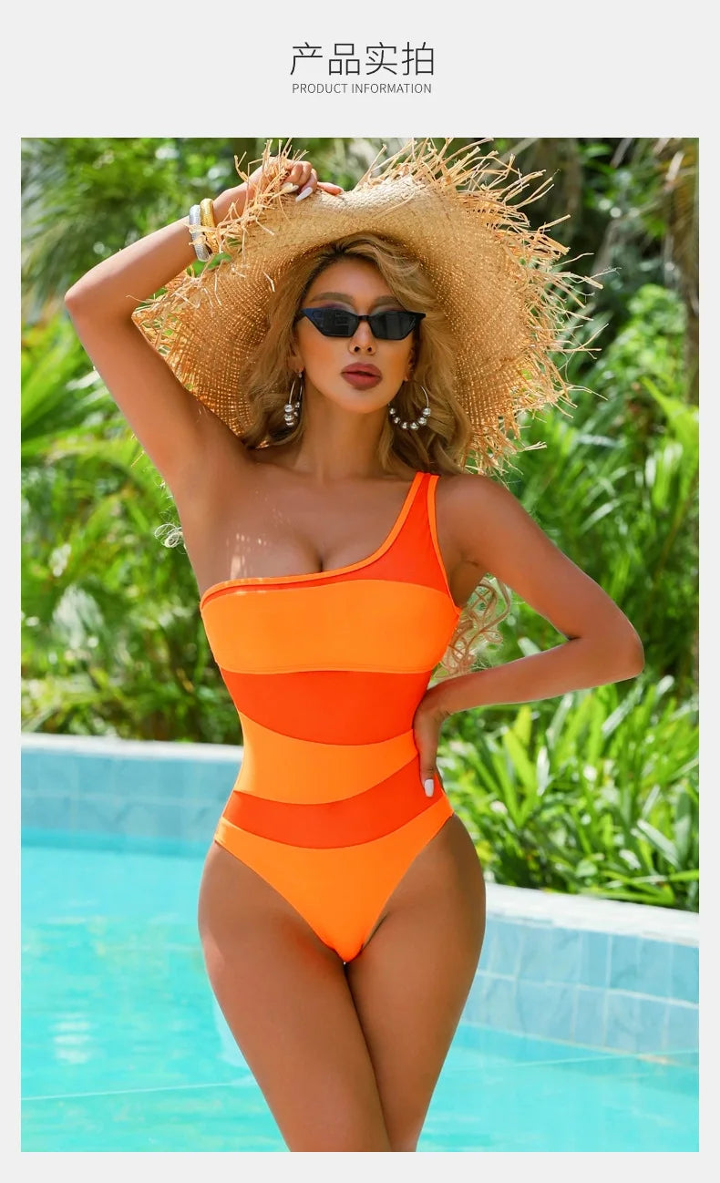 2025 Summer Women's Sexy One Piece Bathing Suits One Shoulder Beach Swimsuits Slimming Mesh Swimwear
