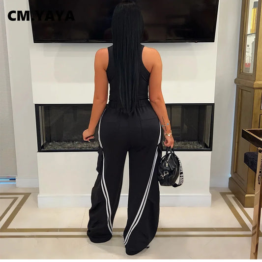 CM.YAYA Fashion Women Denim Patchwork Pocket Side Wide Leg Loose Jogger Pants 2024 Active Jean Splicing Sweatpants Trousers