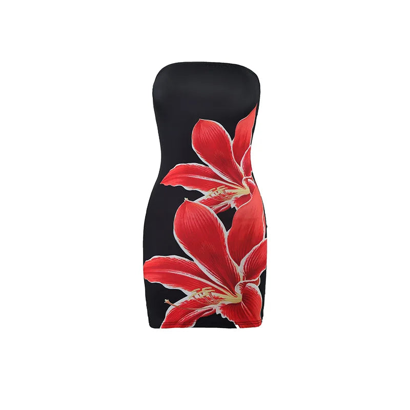 2025 Summer Sexy Women's Breast Top Flower Print Slim-fit Cover Buttock Short Dress Collarless Cover Buttock Skirt