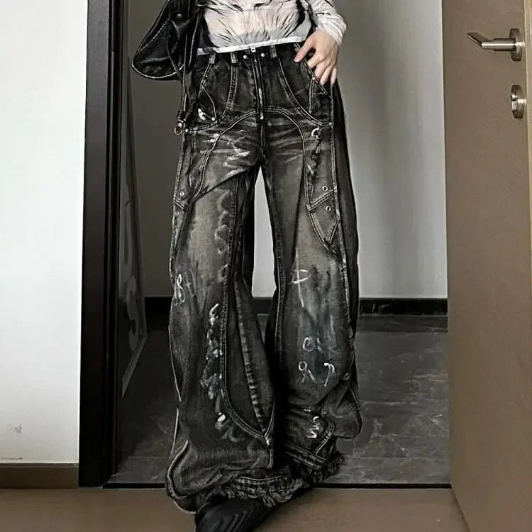 American Style Vintage Wide Leg Jeans For Men And Women Heavy Duty Ribbon Embellishment Hip Hop Sensibility Casual Pants