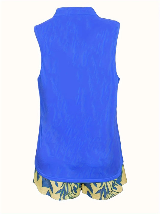 Women's Plus Size Casual Sleeveless V-Neck Top and Floral Print Shorts Two-Piece Set for Summer Comfort and Effortless Style