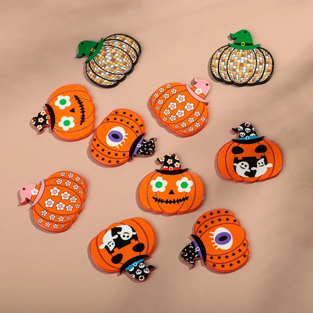 10pcs/lot Halloween Cute Charms Creative Ghost Pumpkin Acrylic Print Pendant for DIY Jewelry Making Necklace Earring Accessories