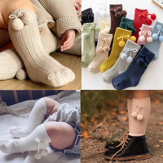 1 Pair Winter Kawaii Baby Stockings Cotton British Princess Knee High Long Bow Pom Tube Socks for Girls Knitted Sock for 0-4Year