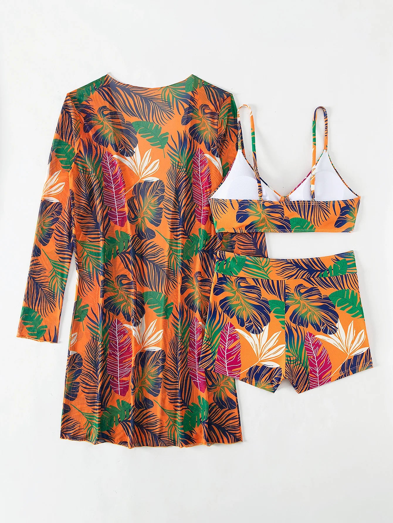 2025 New Women 3 Pieces Swimsuit Leaf Pattern Bikini Set+Long Sleeve Cover Up Tankini Beachwear Drawstring Swimwear Bathing Suit