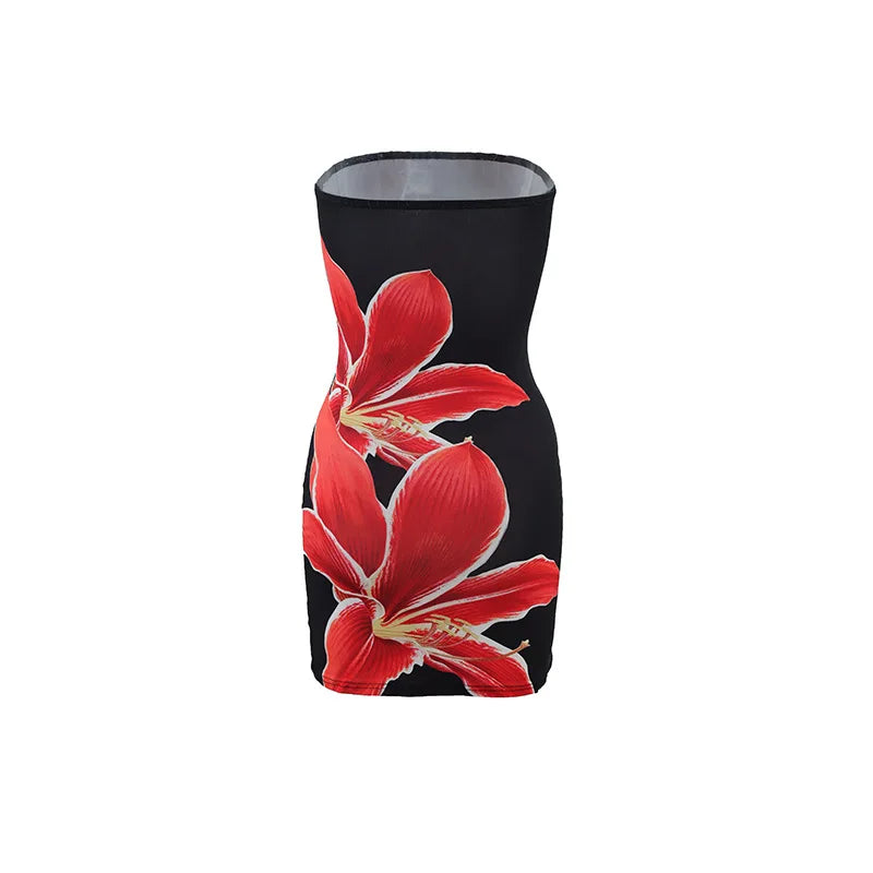 2025 Summer Sexy Women's Breast Top Flower Print Slim-fit Cover Buttock Short Dress Collarless Cover Buttock Skirt