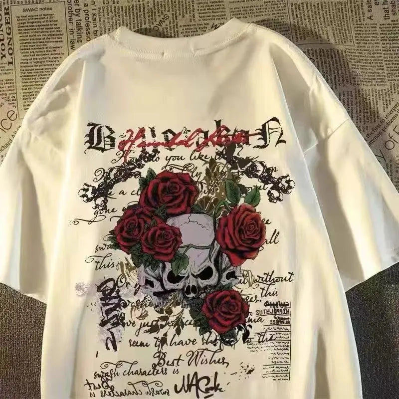 2025 New pure cotton American retro skull print T-shirt with round neck and short sleeve women summer European and American tops