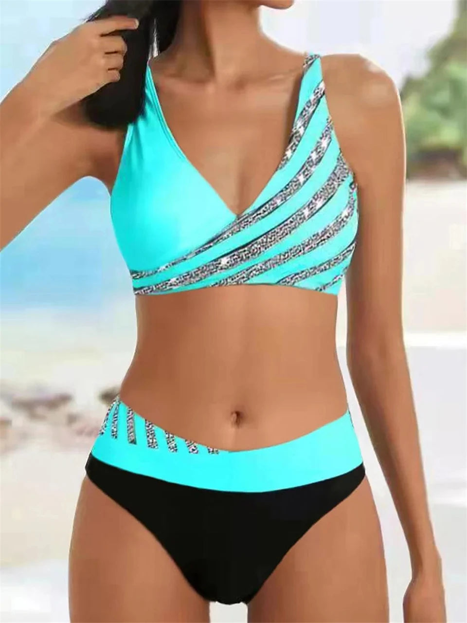 V Neck Bikini Set 2024 Women Stripe Print Patchwork Swimwear Summer Beachwear Swimsuit Female Bathers Bathing Swimming Suit 2XL