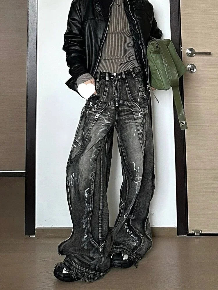 American Style Vintage Wide Leg Jeans For Men And Women Heavy Duty Ribbon Embellishment Hip Hop Sensibility Casual Pants