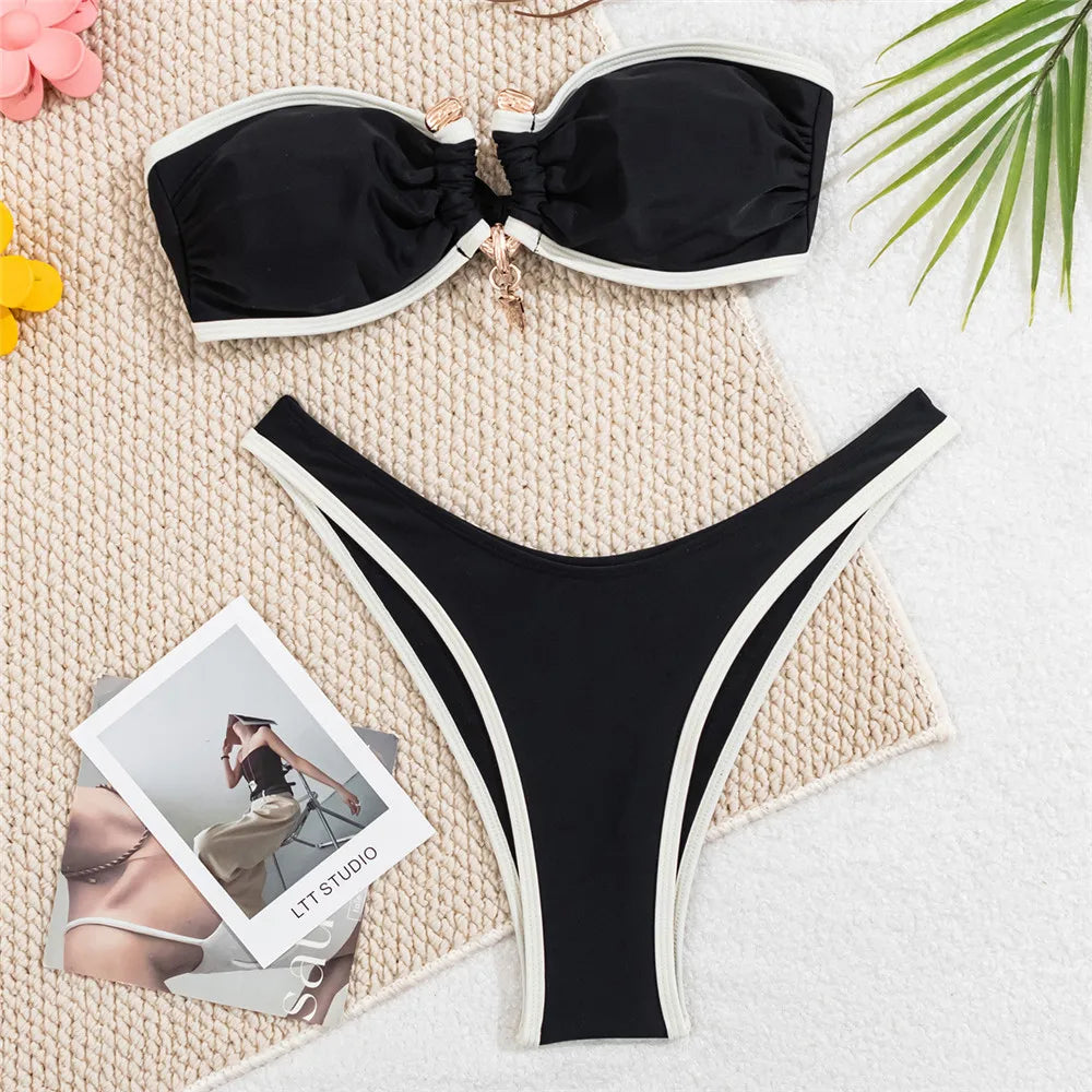 Brown Bandeau Bikinis Sets 2025 Sexy Swimsuit Women Contrast Color Swimwear Metal Buckle High Cut Bathing Suit Bikinis De Mujer