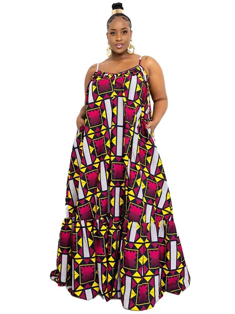 Wmstar Plus Size Dresses for Women Floral Printed Slip Loose Stretch Big Swing Maxi Dress Summer Clothes Wholesale Dropshipping