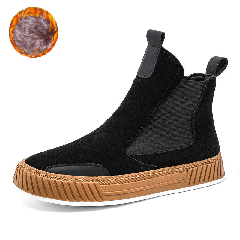 Autumn Winter Warm Plush Casual High top Men Shoes Designer Chelsea Suede Shoes Men Fashion Punk Style Platform Male Boots Snow