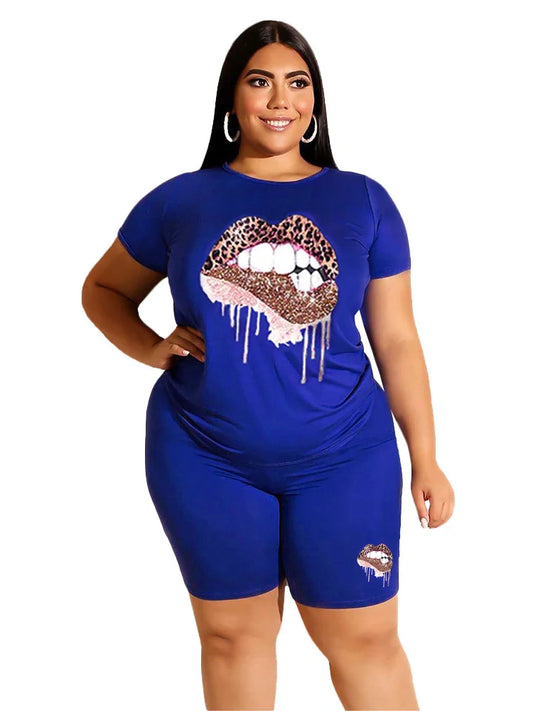 Wmstar Plus Size Two Piece Outfits for Women Tracksuit Shorts Sets Lip Print Top Casual New In Matching Wholesale Dropshipping