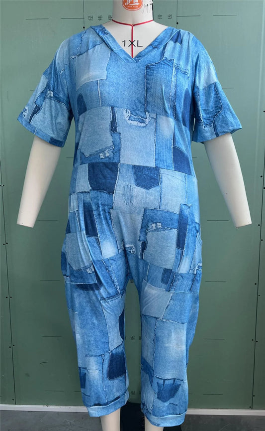 2024 AliExpress Europe and America Plus Size Summer Loose V-Neck Stitched Patch Pocket Printed Jumpsuit