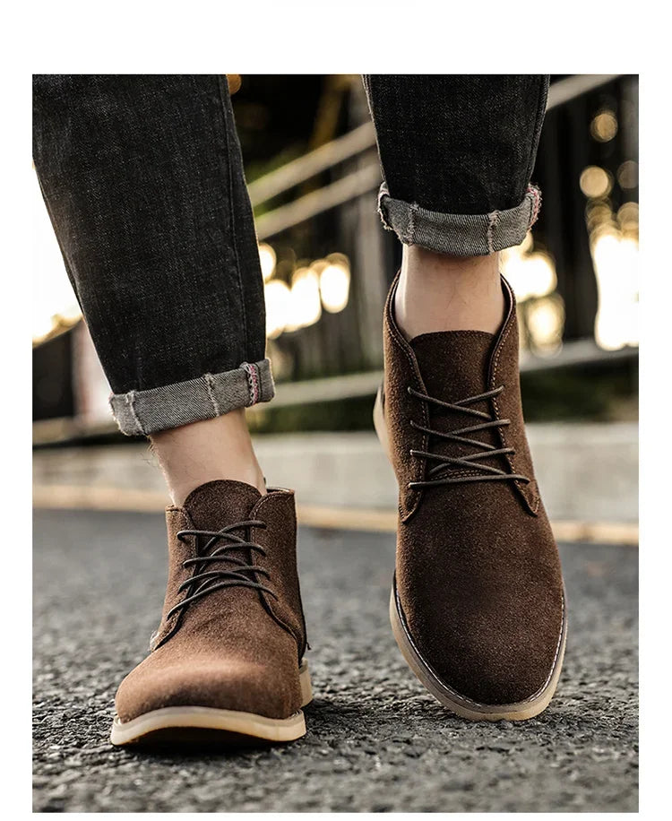 British Style Brown Men’s Suede Leather Boots Comfort Chelsea Boots Men Lace-Up Pointed Ankle Boots For Men botas para hombre