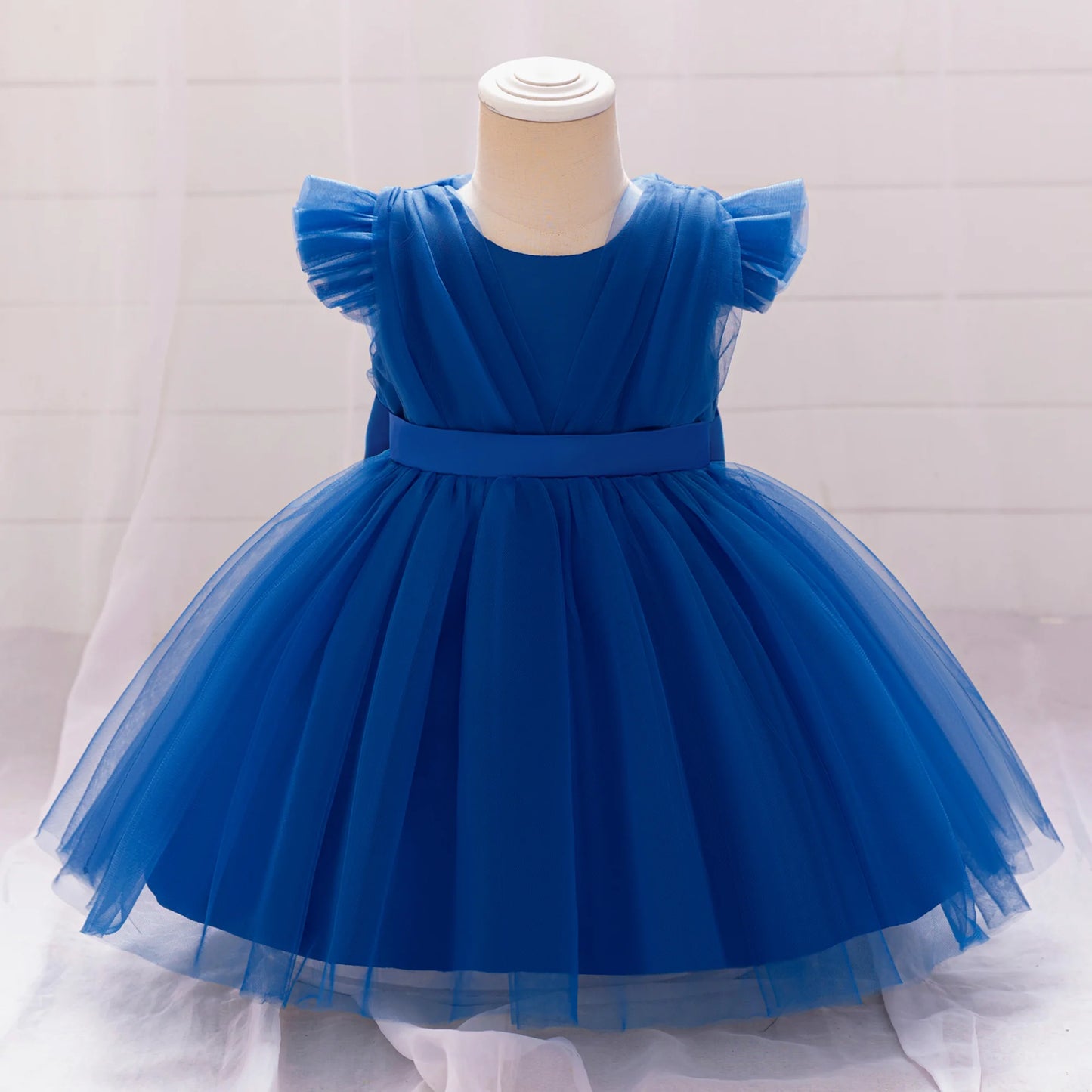 Toddler Bow White Baptism Party Baby Girl Dress Fly Sleeves 1st Birthday Wedding Princess Dresses Tutu Lace Evening Kids Clothes